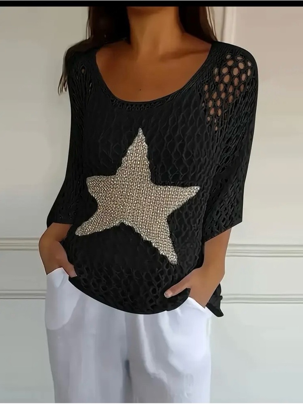 Black Open-Knit  brushed gold Star Pullover - Picture 3 of 4